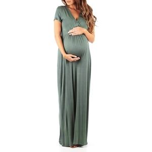 Mother Bee Maternity Short Sleeve Ruched Waist Faux Wrap Maxi Dress